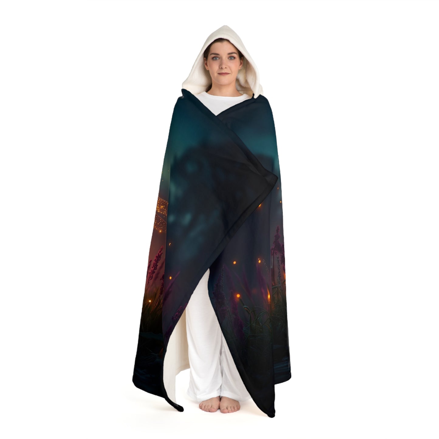 Luminescent Dragonfly Hooded Sherpa Fleece Blanket – Twilight Meadow Dreamscape