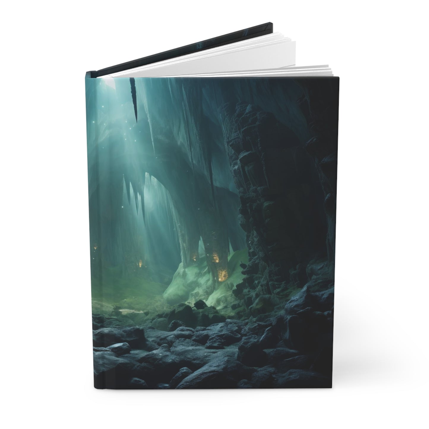 A deep cave interior, lit by a constellation of glow worms, casting an otherworldly light onto the rock formations, cave photography - Hardcover Journal Matte