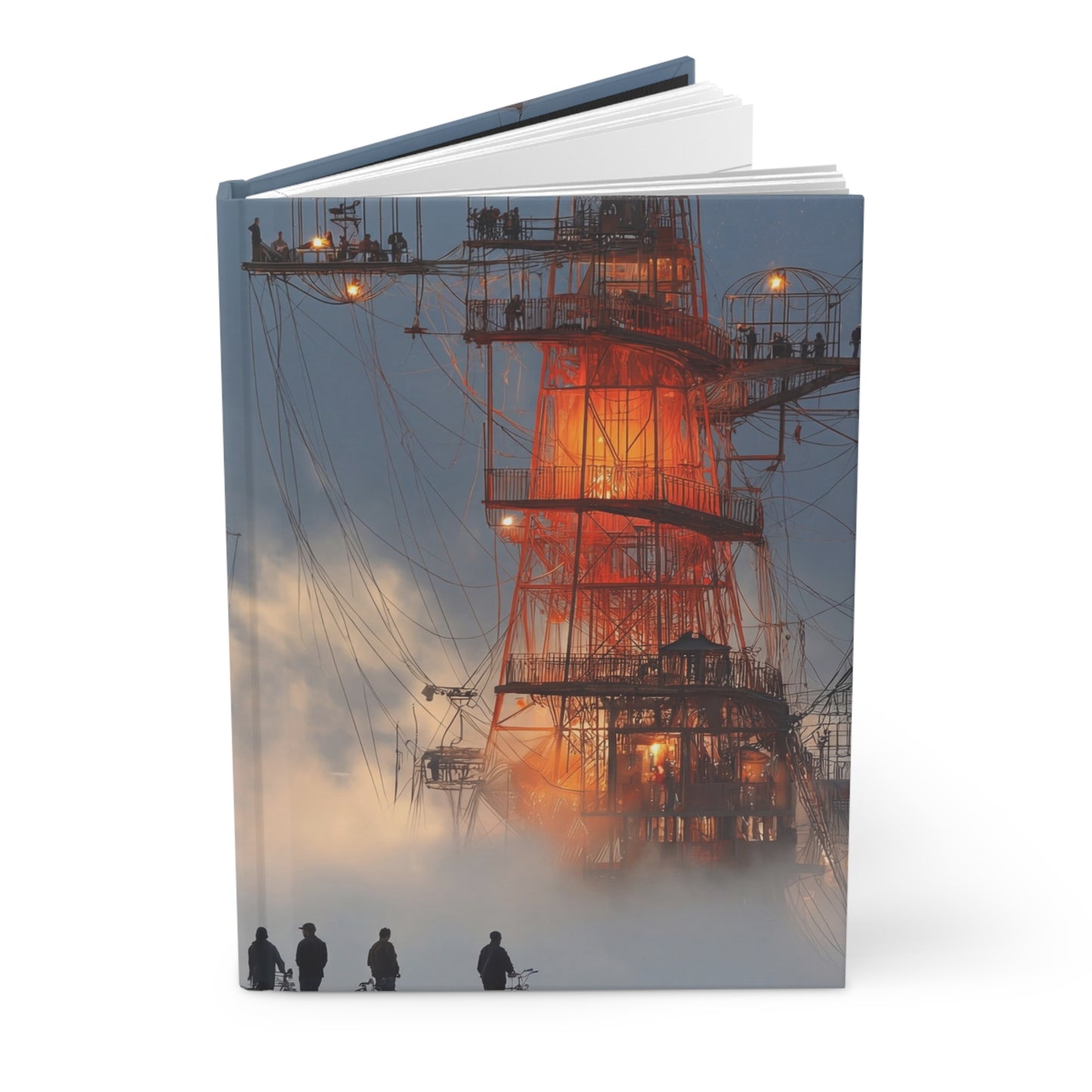 Burning Man Steel Cathedral Journal Matte – Neon Glow Amidst the Fog