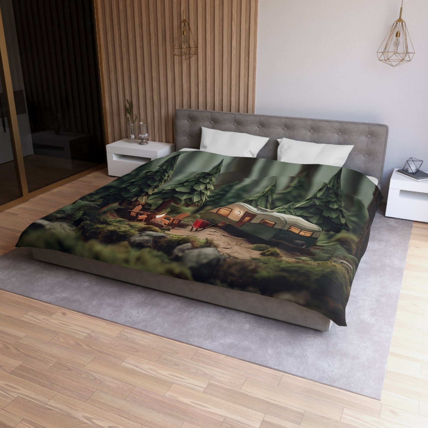 Forest Campground Microfiber Duvet Cover – Warm Glow in the Evergreen Depths
