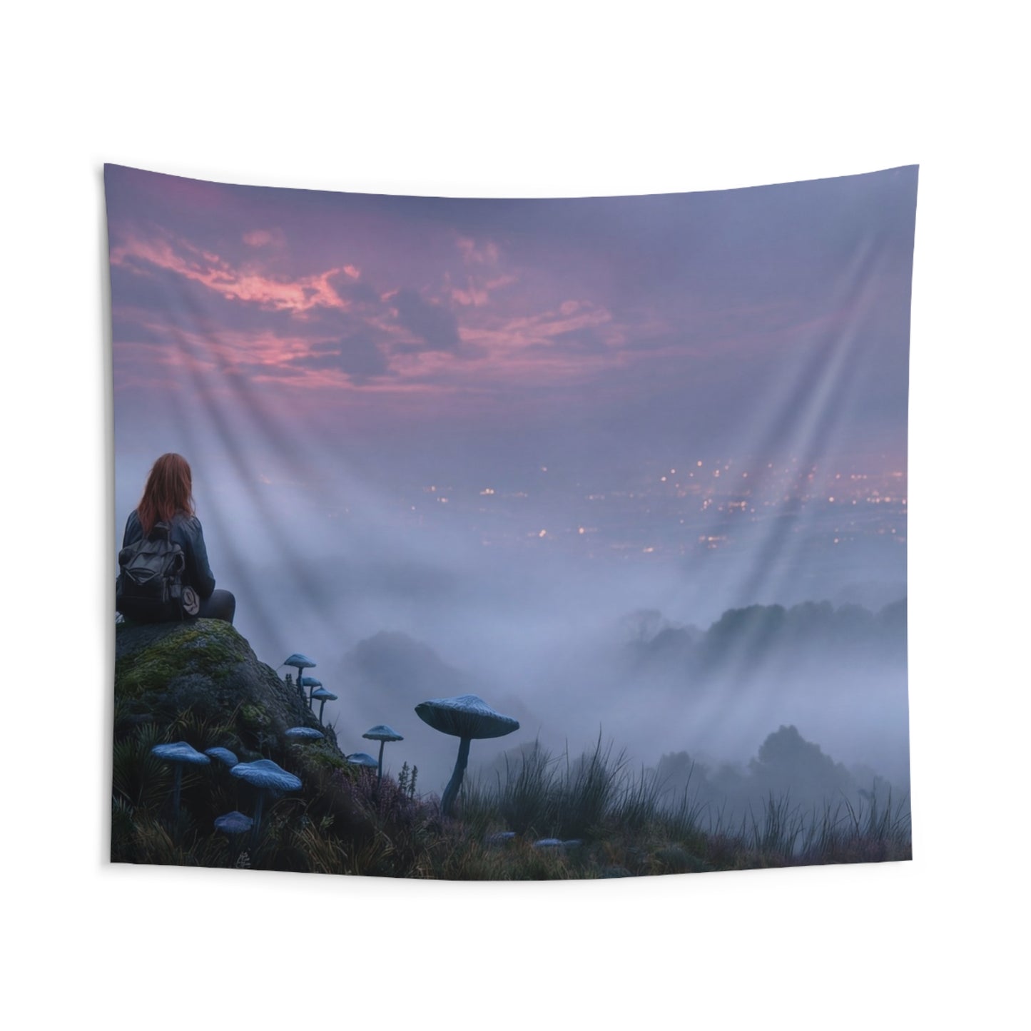 Moonlit Wanderer Wall Tapestry – Twilight Meadow with Bioluminescent Fungi