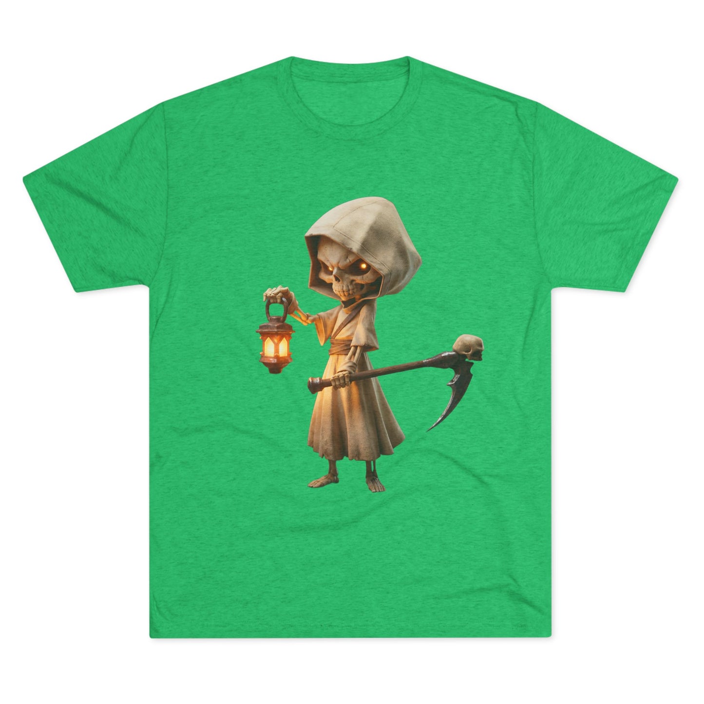 Lantern-Bearing Skeleton Hoodie Tee – Soft Tri-Blend Crewneck with Scythe and Glowing Eyes