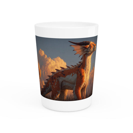 Sunset Sentinel Shot Glass – Amber Dragon in Golden Grasslands