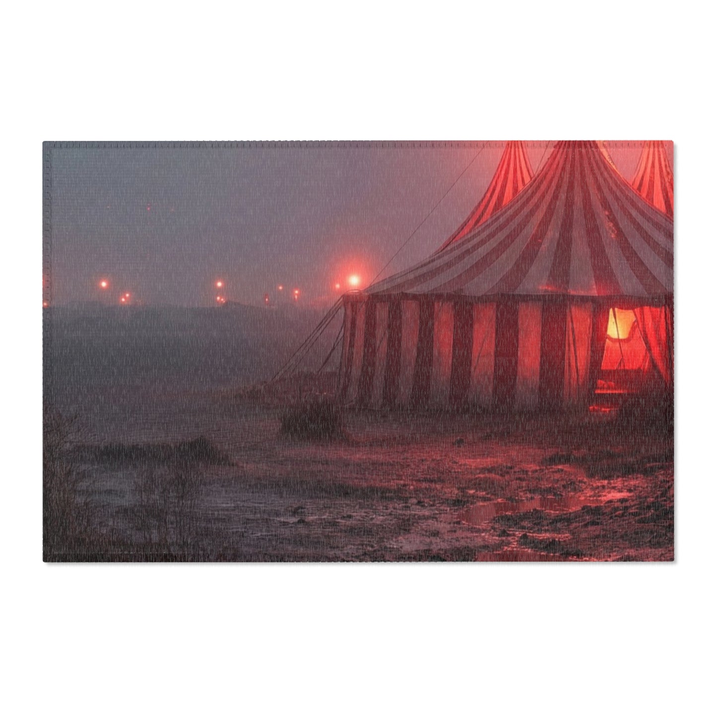 Crimson Circus Tent Area Rug – Fogbound Wonder on the Shore