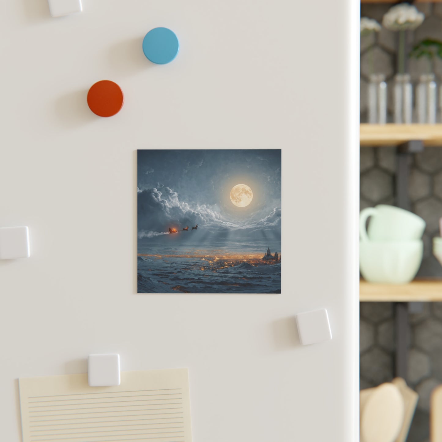 Lunar Sleigh Ride Square Magnet – Midnight Frost Over Snow-Covered Town