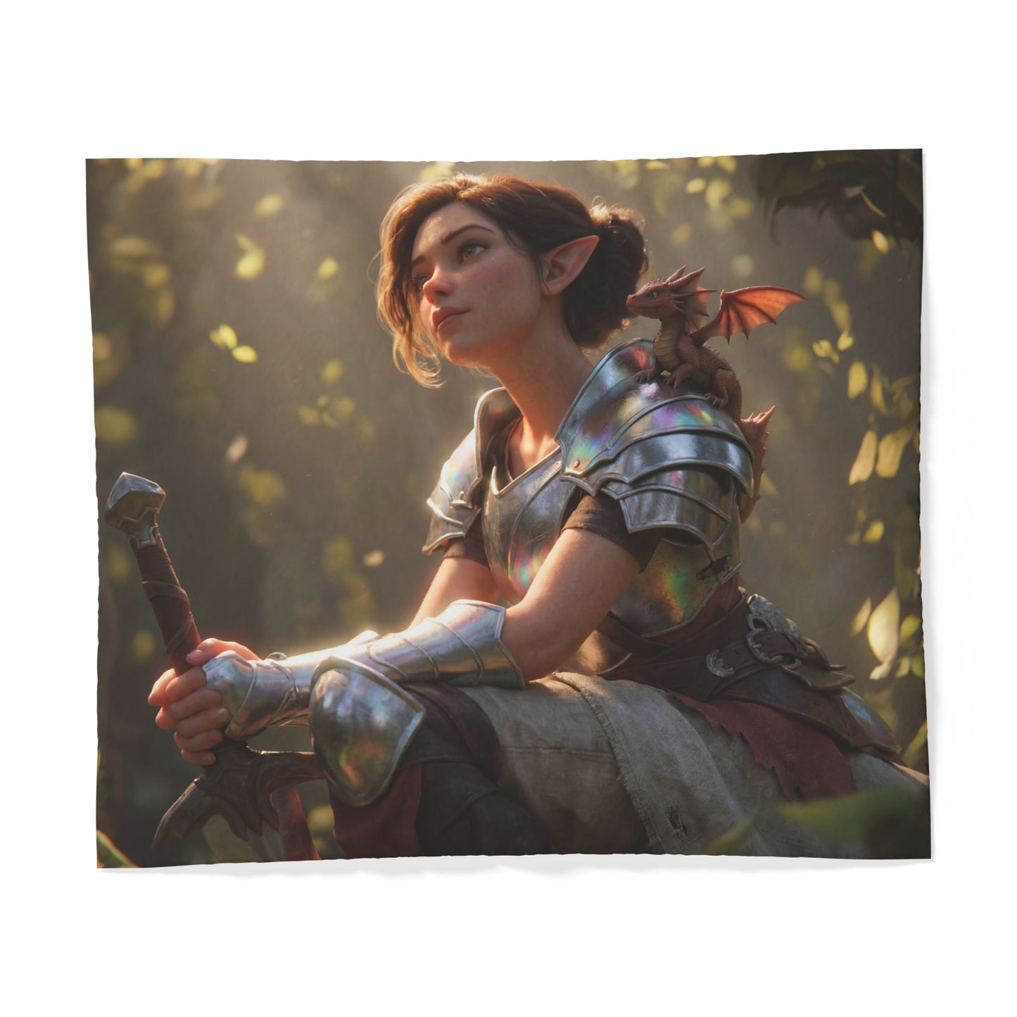 Elven Knight & Dragon Cotton Duvet Cover – Iridescent Forest Guardian Tapestry