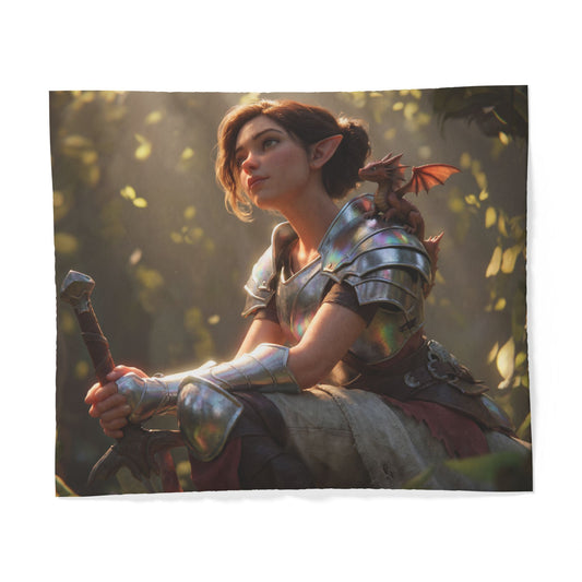 Elven Knight & Dragon Cotton Duvet Cover – Iridescent Forest Guardian Tapestry