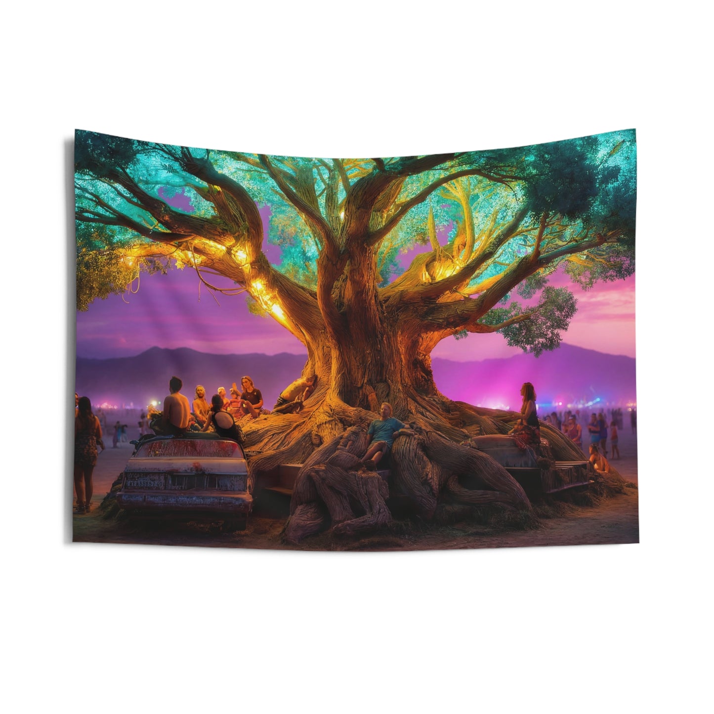 Celestial Tree Gathering Tapestry – Neon Twilight Festival Oasis