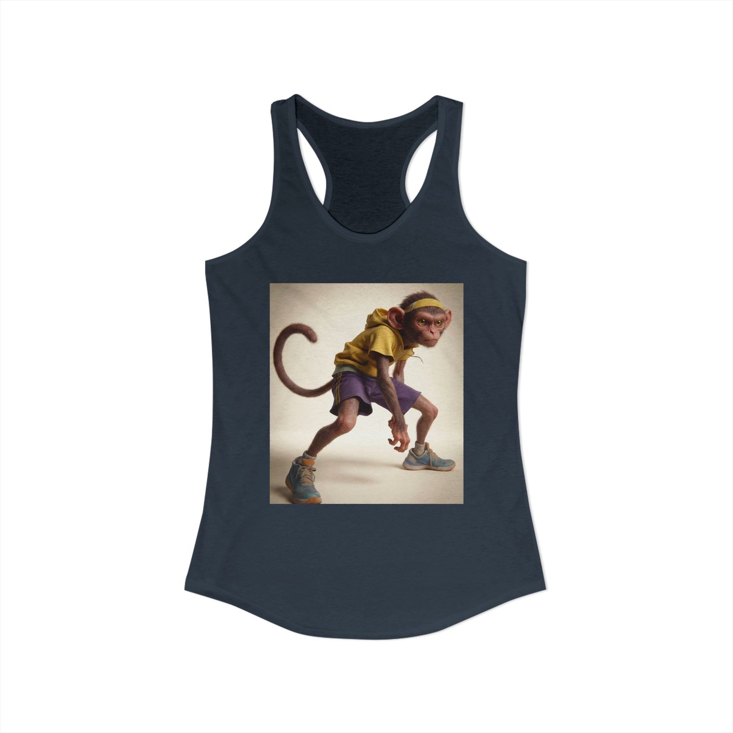 Gym Monkey Women's Ideal Racerback Tank – Yellow Hoodie and Purple Shorts Athletic Pose