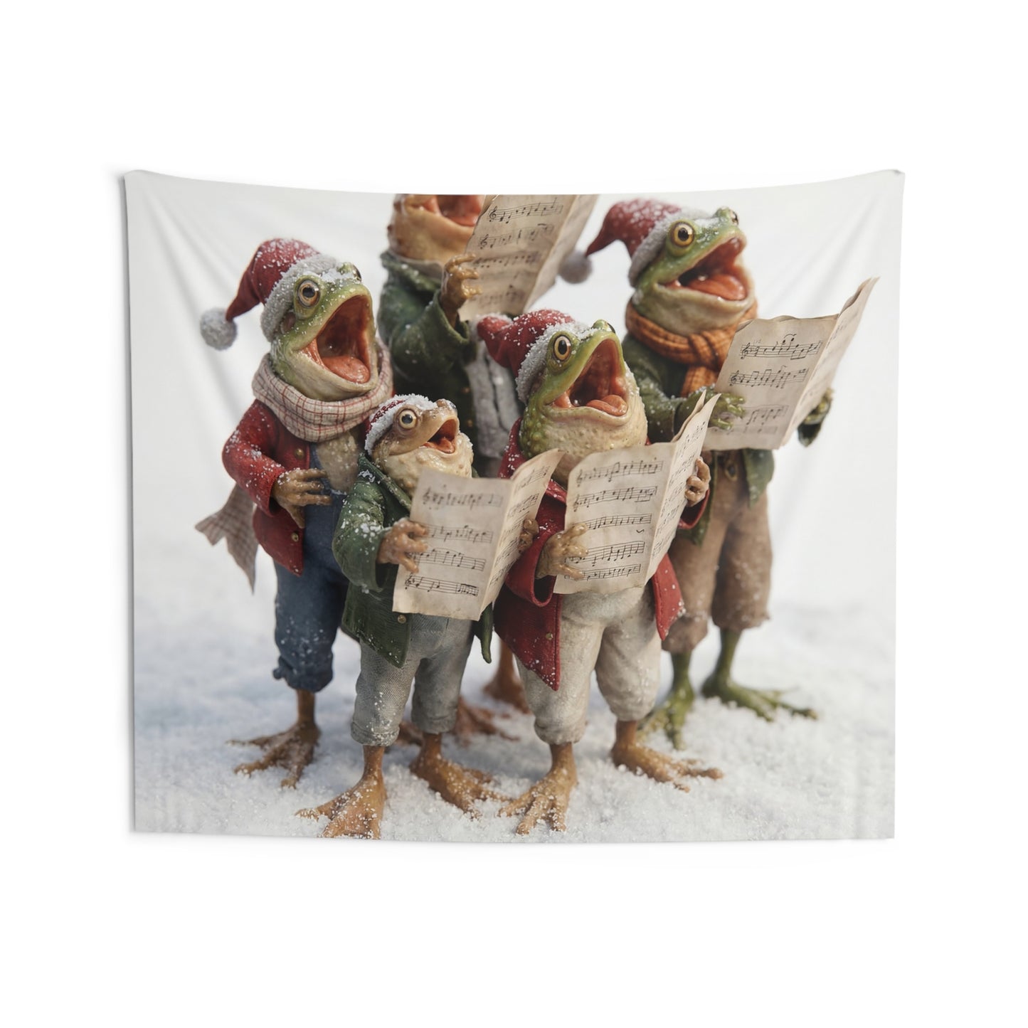 Frogs in Snow Choir Indoor Wall Tapestries – Winter Carolers in Festive Frost