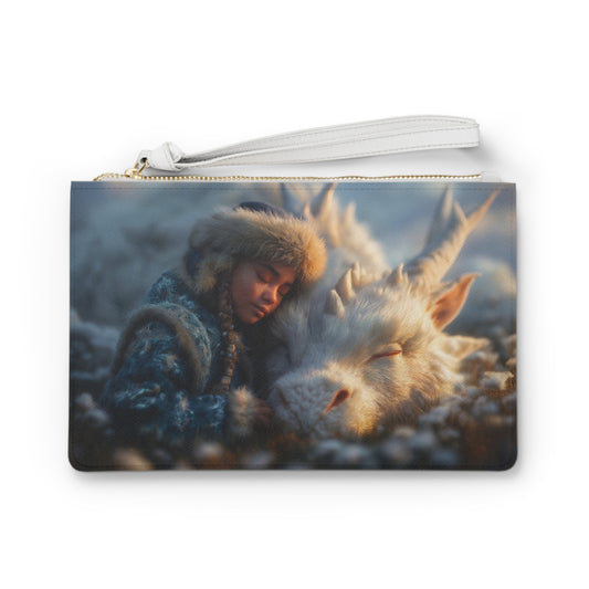Winter Guardian Clutch Bag – Soft White Dragon & Child Resting Together