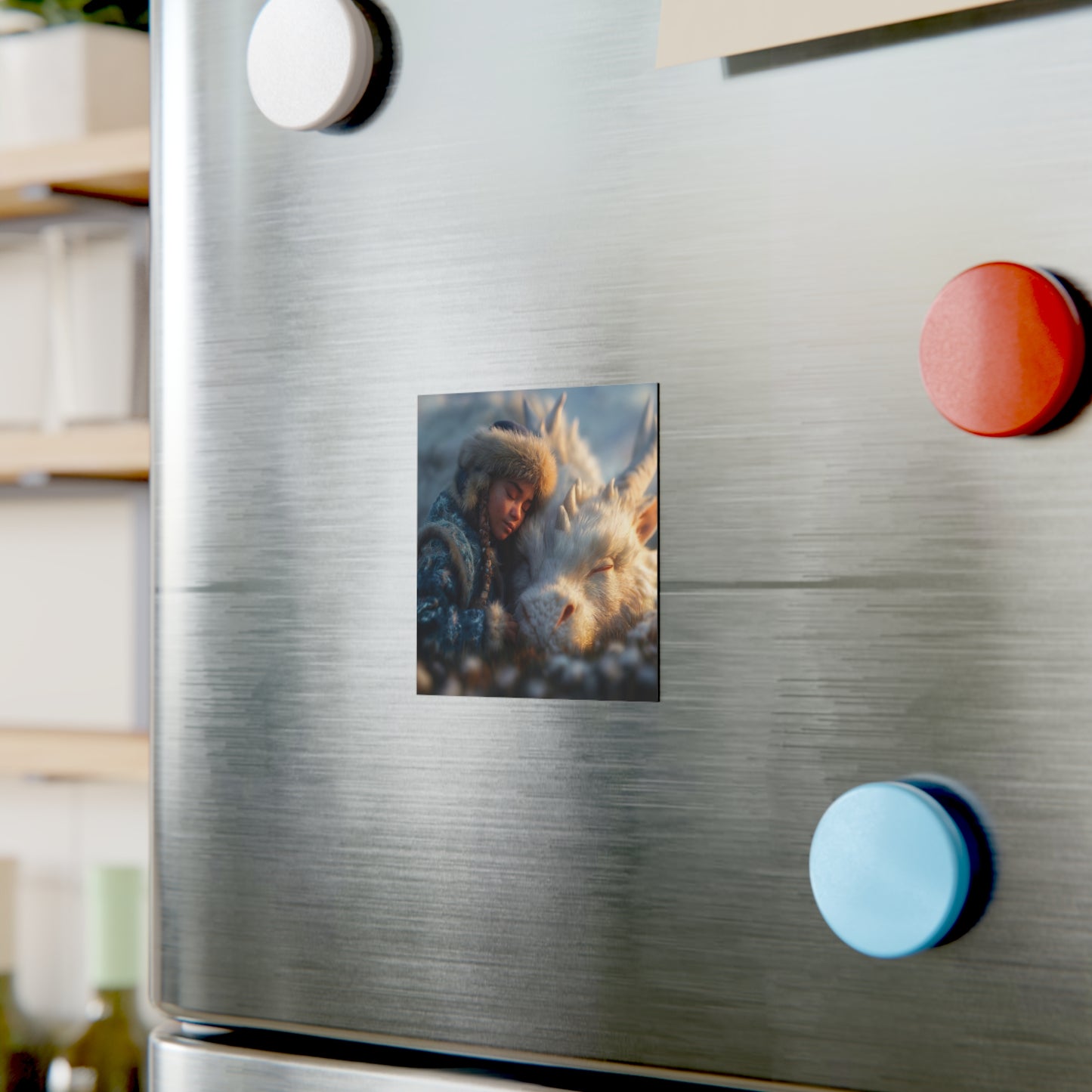 Snowbound Sentinel Square Magnet – Whispering Frost and Quiet Companionship