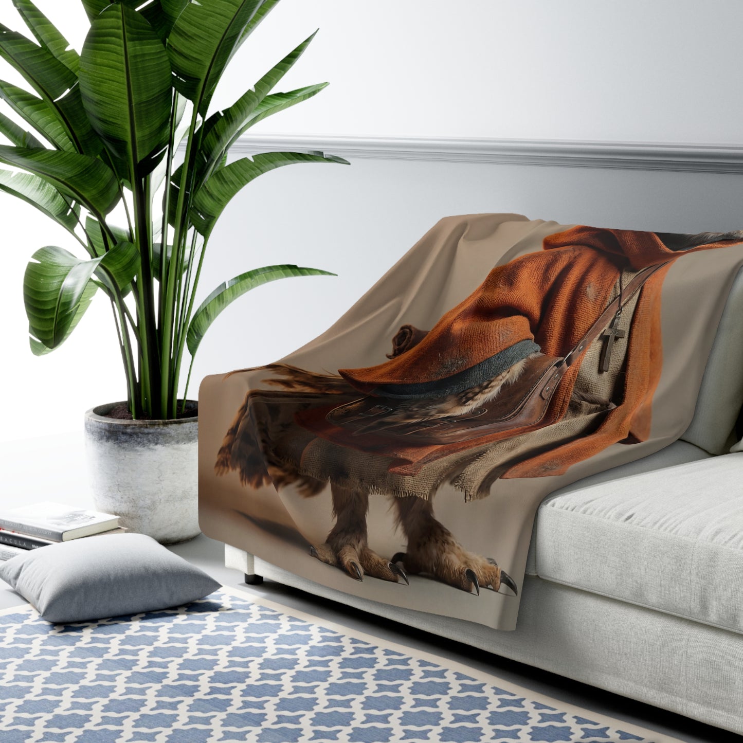 Goggles-Swelled Owl Traveler Sherpa Fleece Blanket – Rust Robe and Leather Satchel Portrait