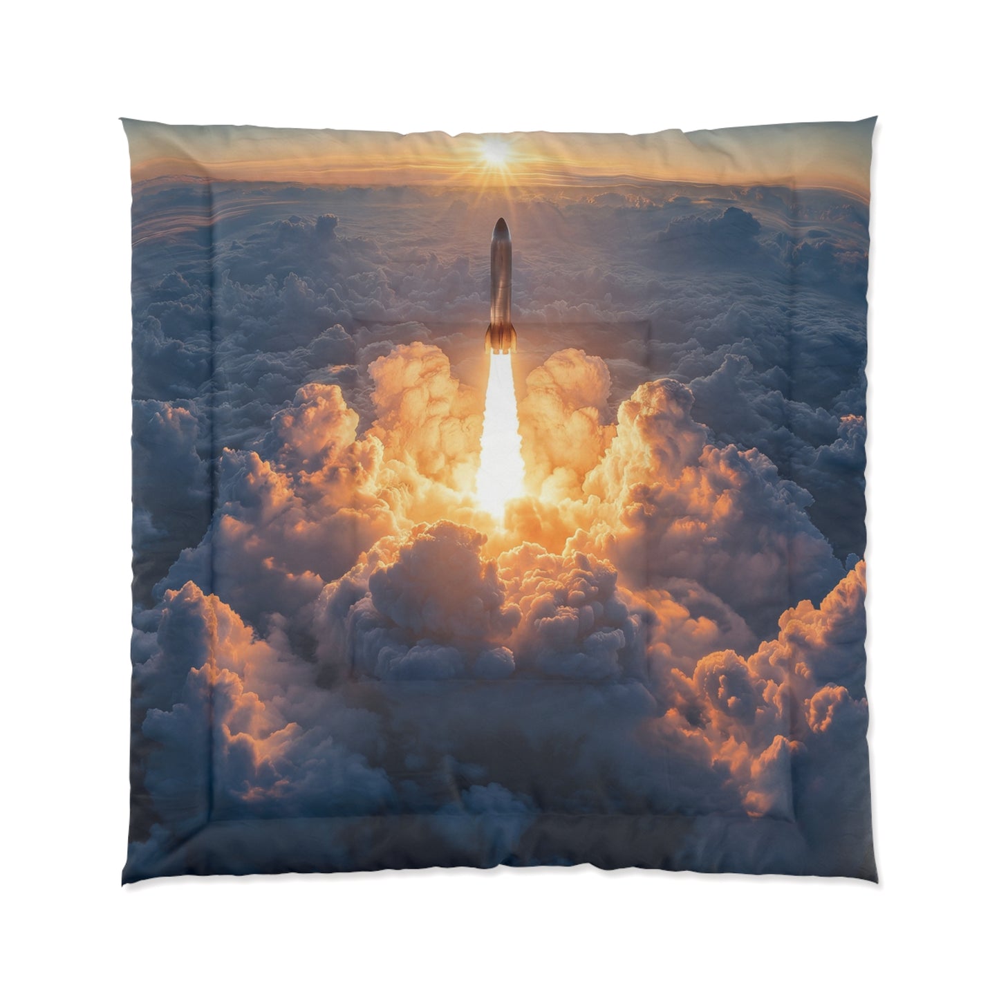 Rocket Ascension Comforter – Sunburst Launch Through Cloudscape
