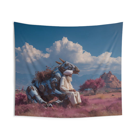 Sage on Mechanical Steed Indoor Wall Tapestries – Whispers of a Forgotten Desert