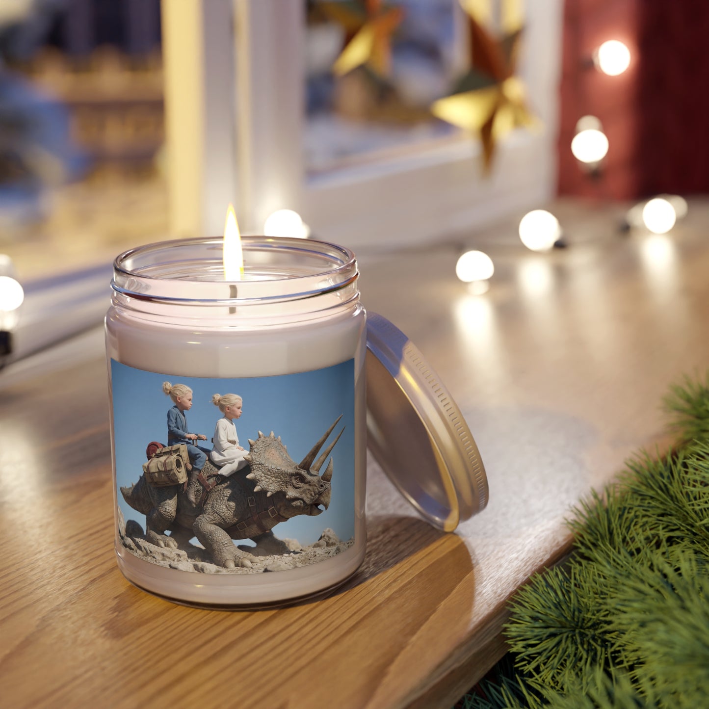 Twin Explorers on Triceratops Scented Soy Candles with White Lid, 9oz – Dusty Desert Odyssey