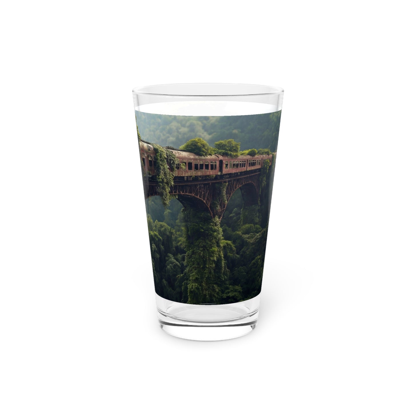Abandoned Train Bridge Pint Glass – Verdant Ruin Over the Canopy