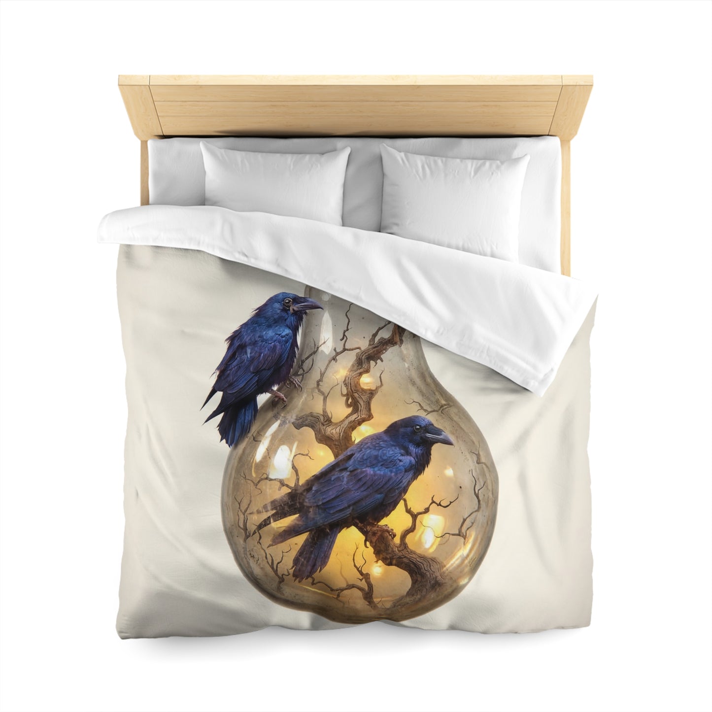 Ravens in the Lightbulb Microfiber Duvet Cover – Whispers of Illuminated Wisdom