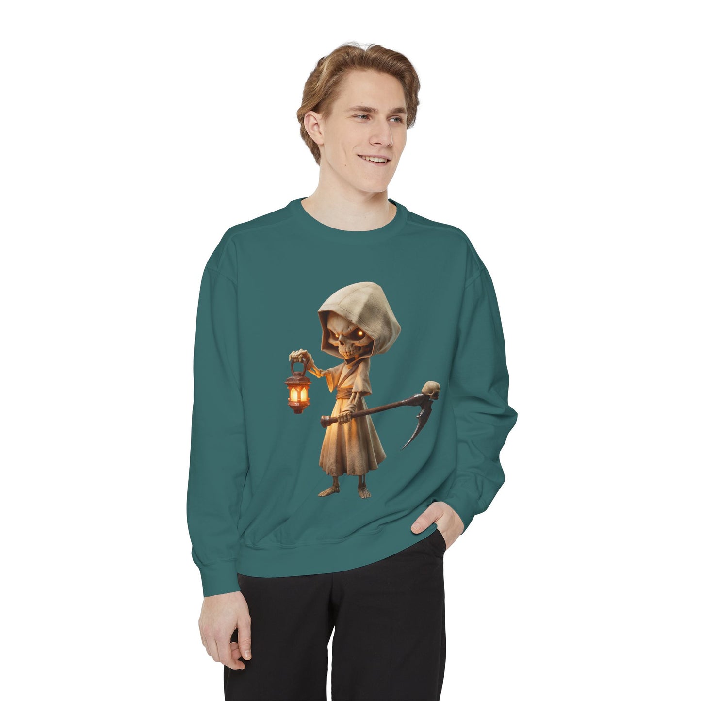 Hooded Lantern Grim Reaper Sweatshirt – Glowing Eyes and Scythe Guardian