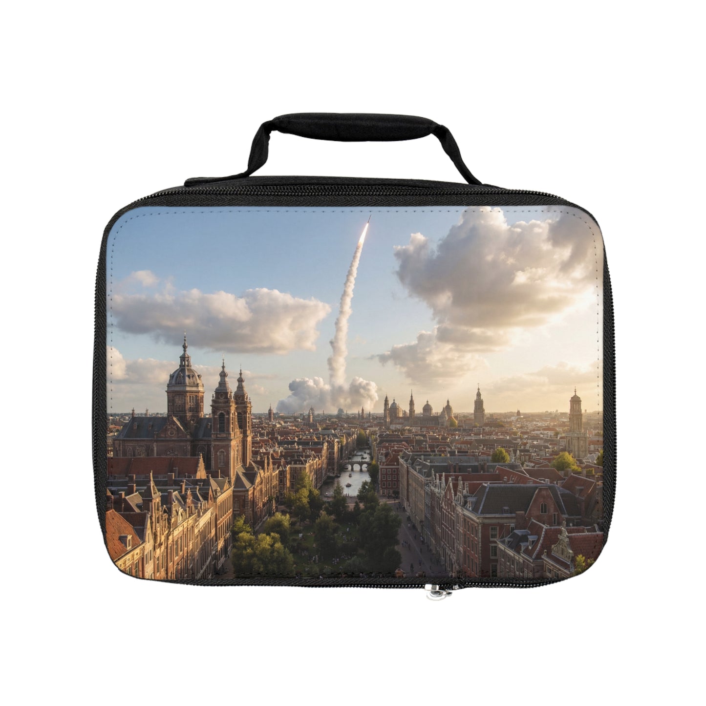 Rocket Over Amsterdam Lunch Bag – Dawn’s Silent Ascent Through Brick Canals