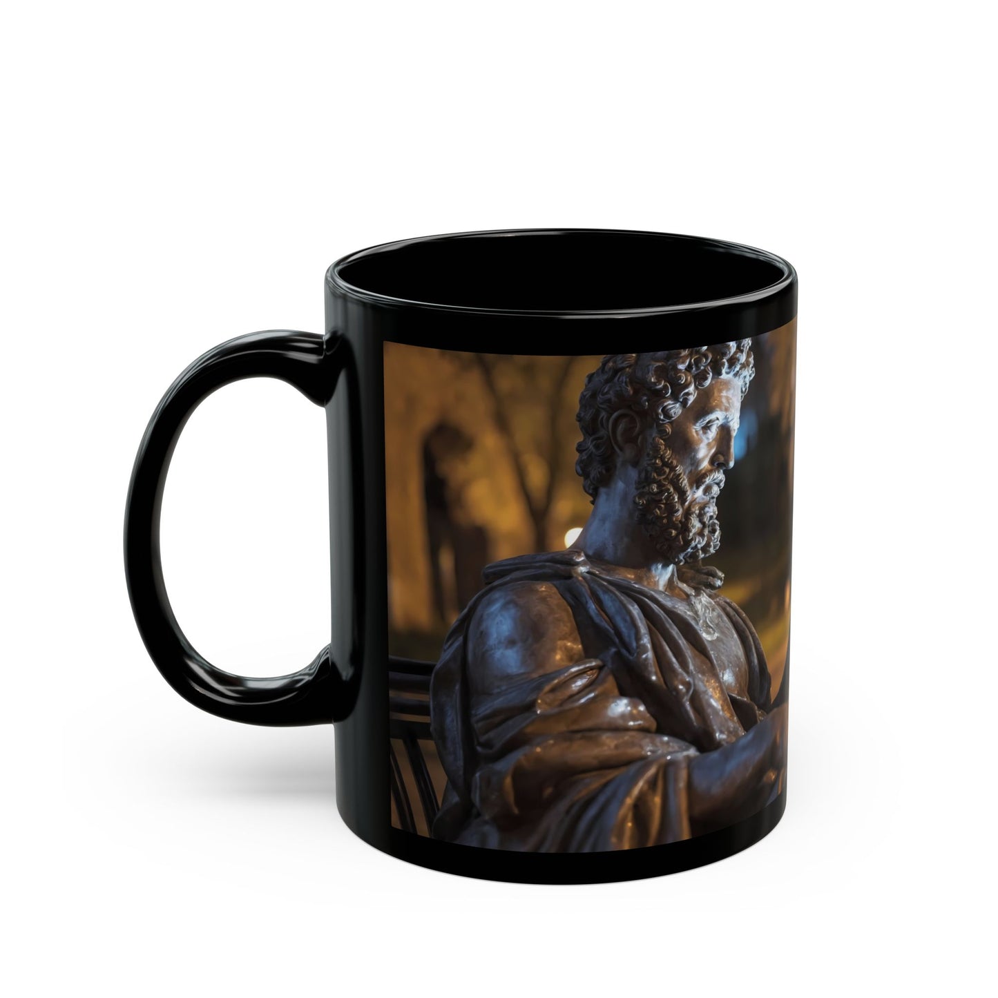 Bronze Statue with Smartphone Mug – Twilight Park Bench Digital Muse