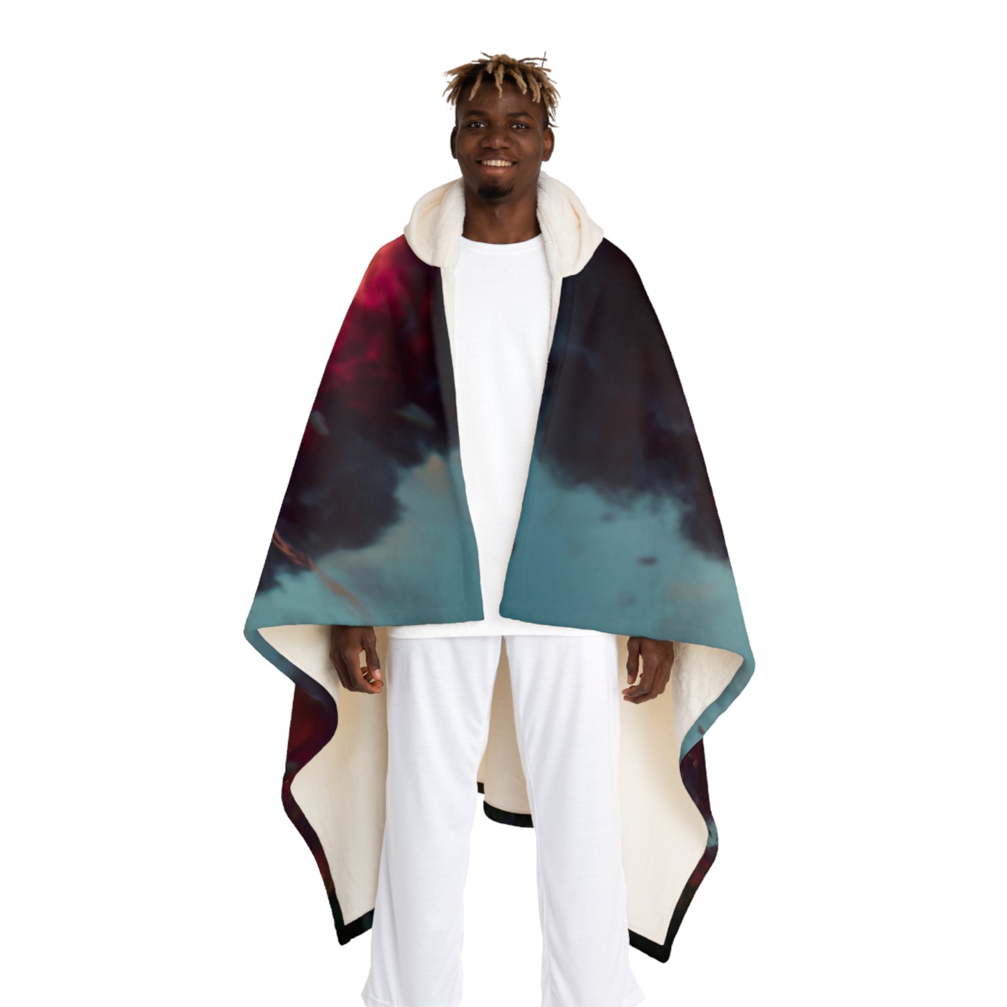 Mad Scientist Amidst Crimson Explosion Hooded Sherpa Fleece Blanket – Calm in the Chaos