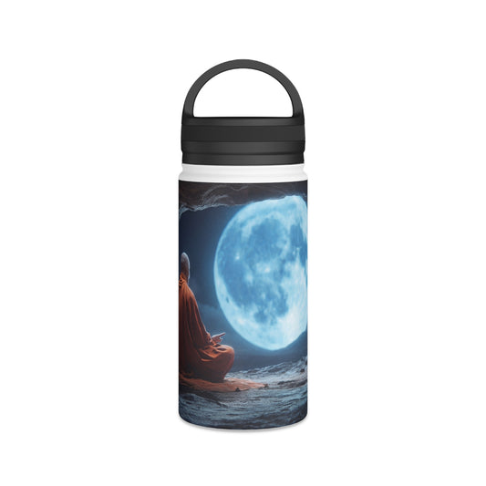 Moonlit Meditation Monk Stainless Steel Water Bottle, Handle Lid – Silent Stillness Under Celestial Glow