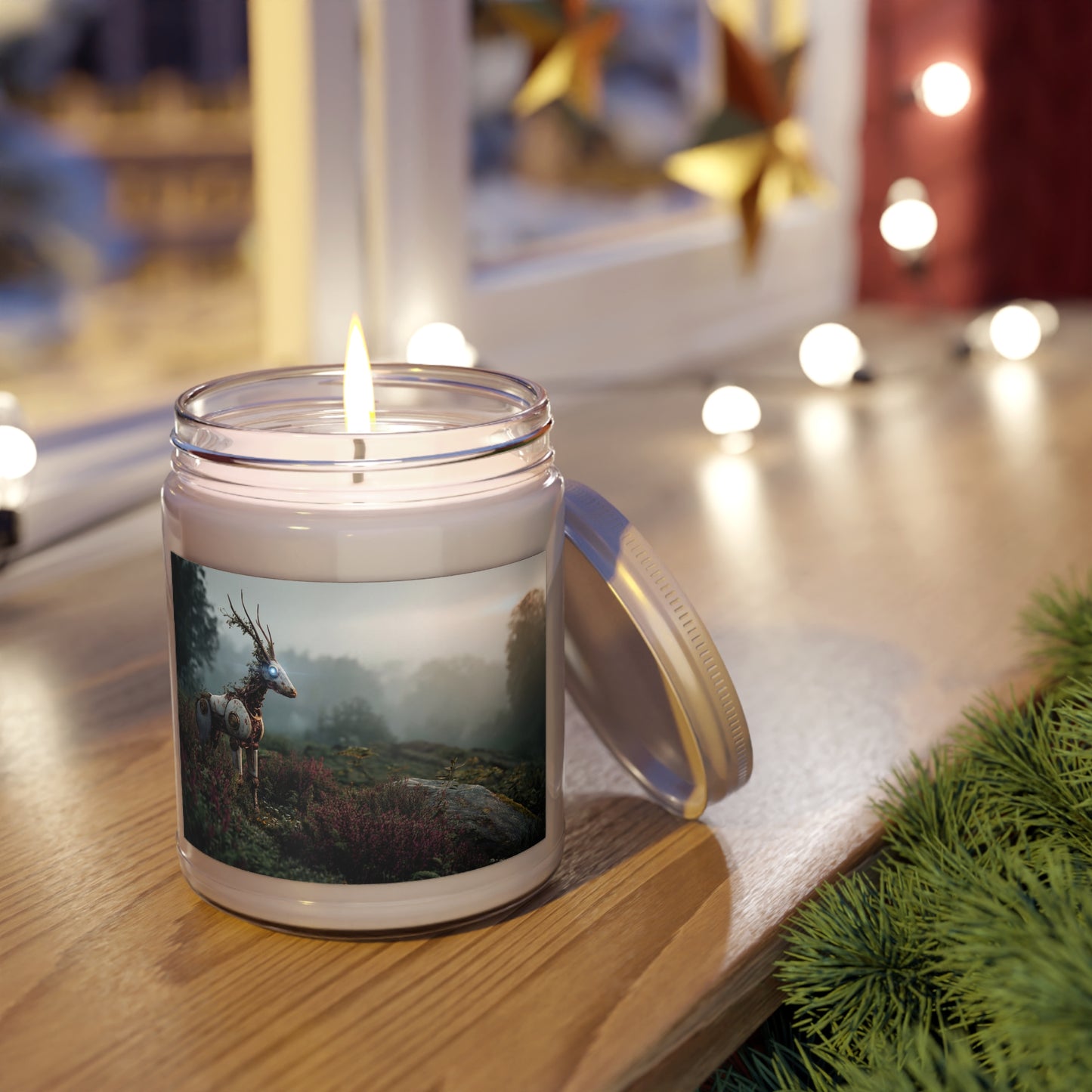 Cybernetic Stag Scented Soy Candles with White Lid, 9oz – Dawn’s Glowing Guardian