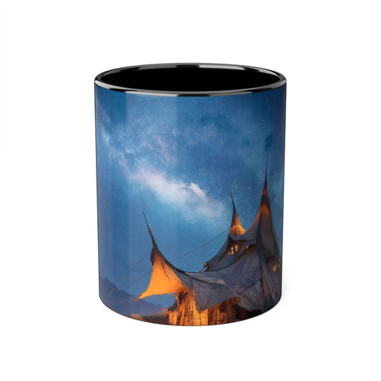 Starlit Nomad Tent Accent Mugs, 11oz – Golden Spire Camp Under Milky Way