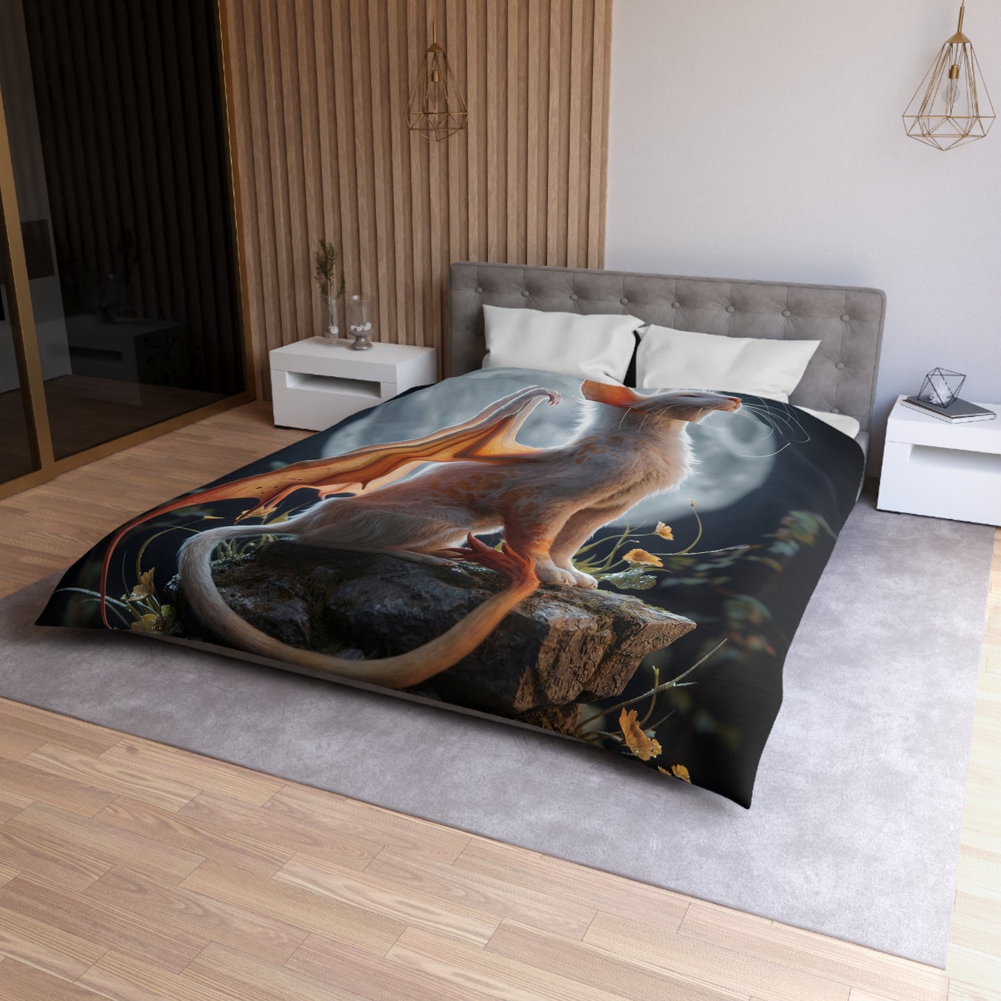 Lunar Dragon Cat Microfiber Duvet Cover – Moonlit Sentinel Dreamscape