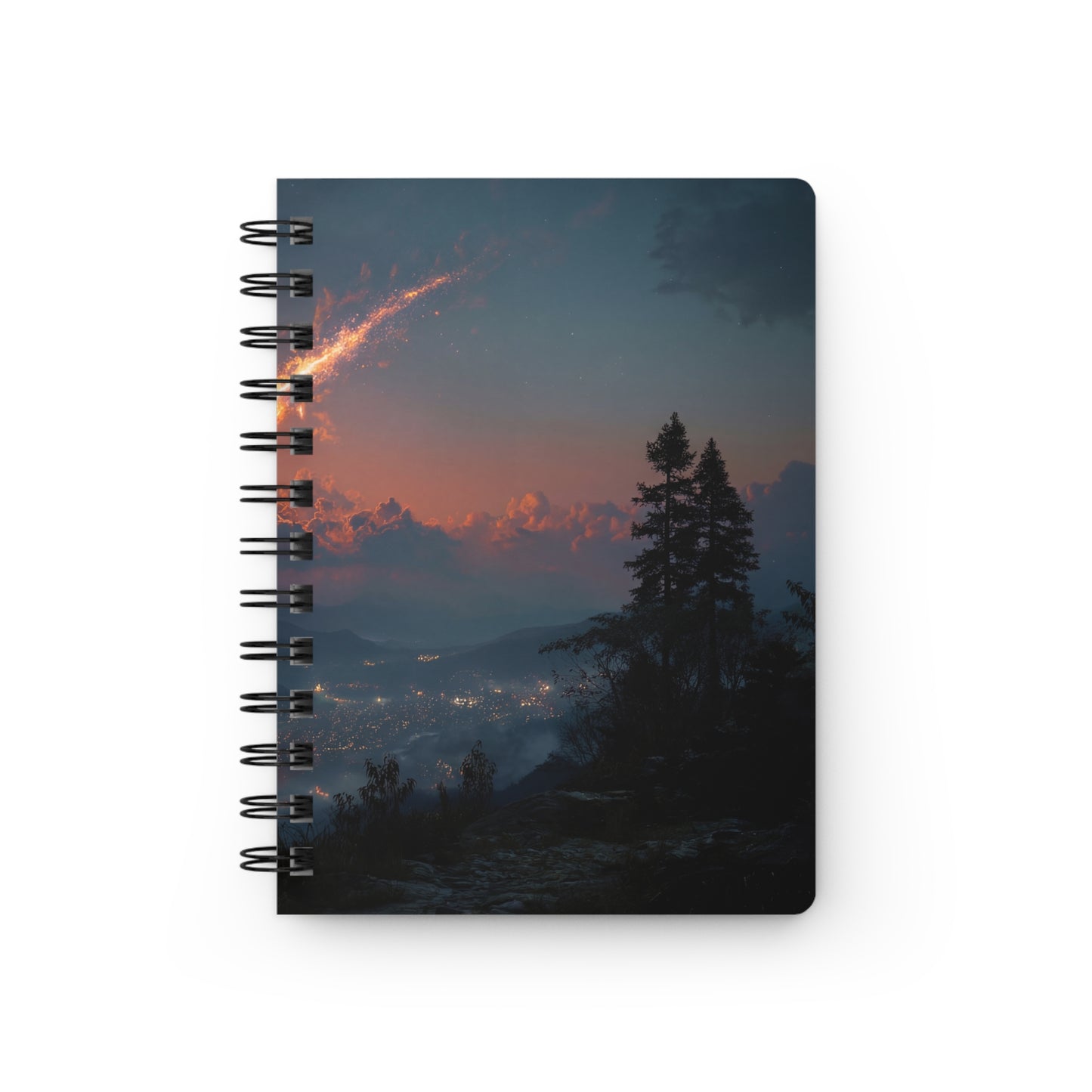 Celestial Firefall Spiral Bound Journal – Twilight Meteors Over Mountain Vale