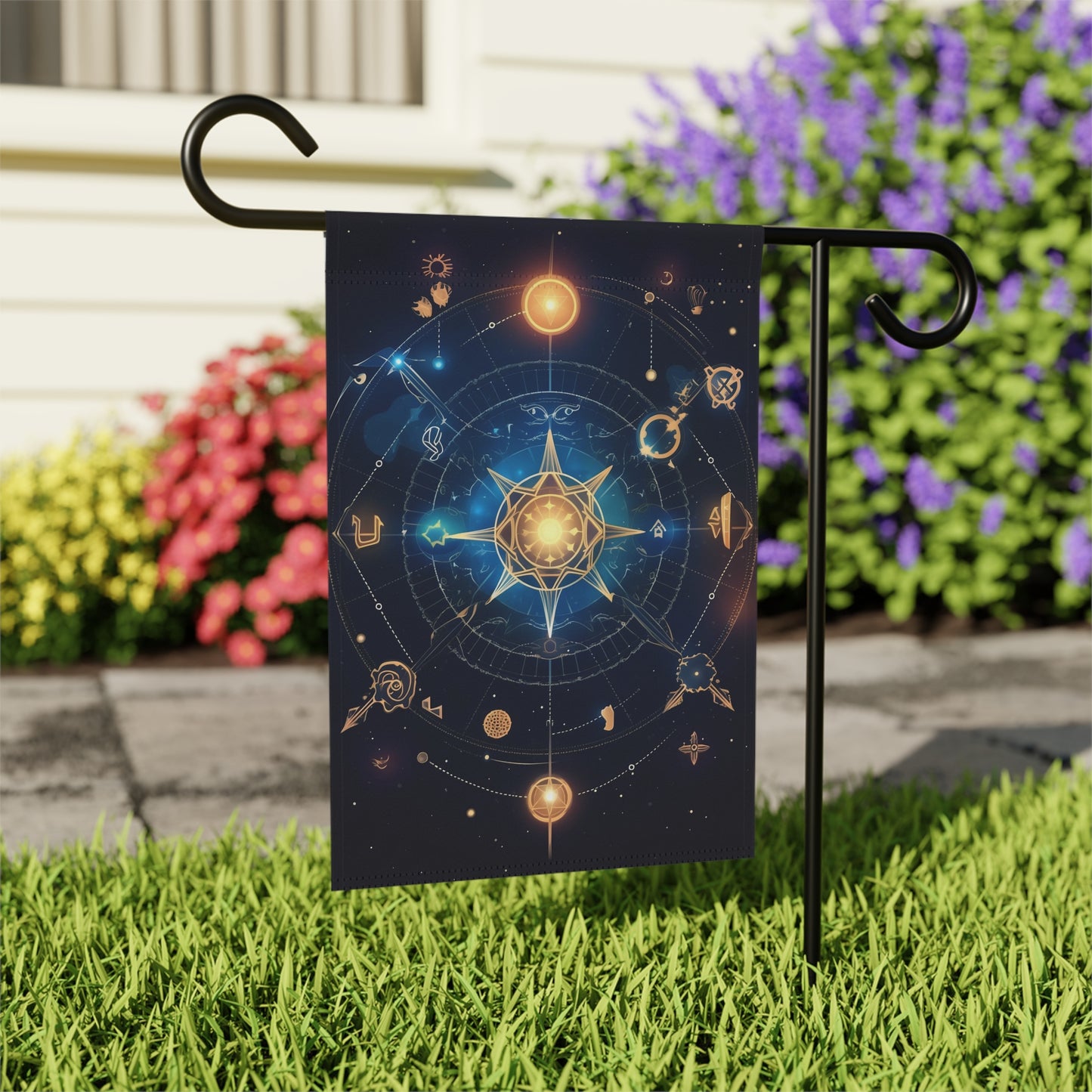 8K, high resolution detailed vector illustration poster, stars, celestial symbols, glowing accents - Garden & House Banner