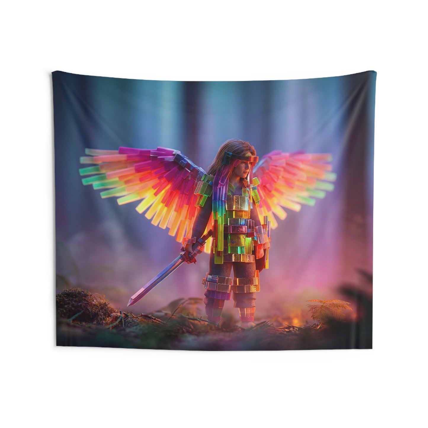 Chromatic Winged Sentinel Indoor Wall Tapestries – Prism Warrior in Twilight Grove