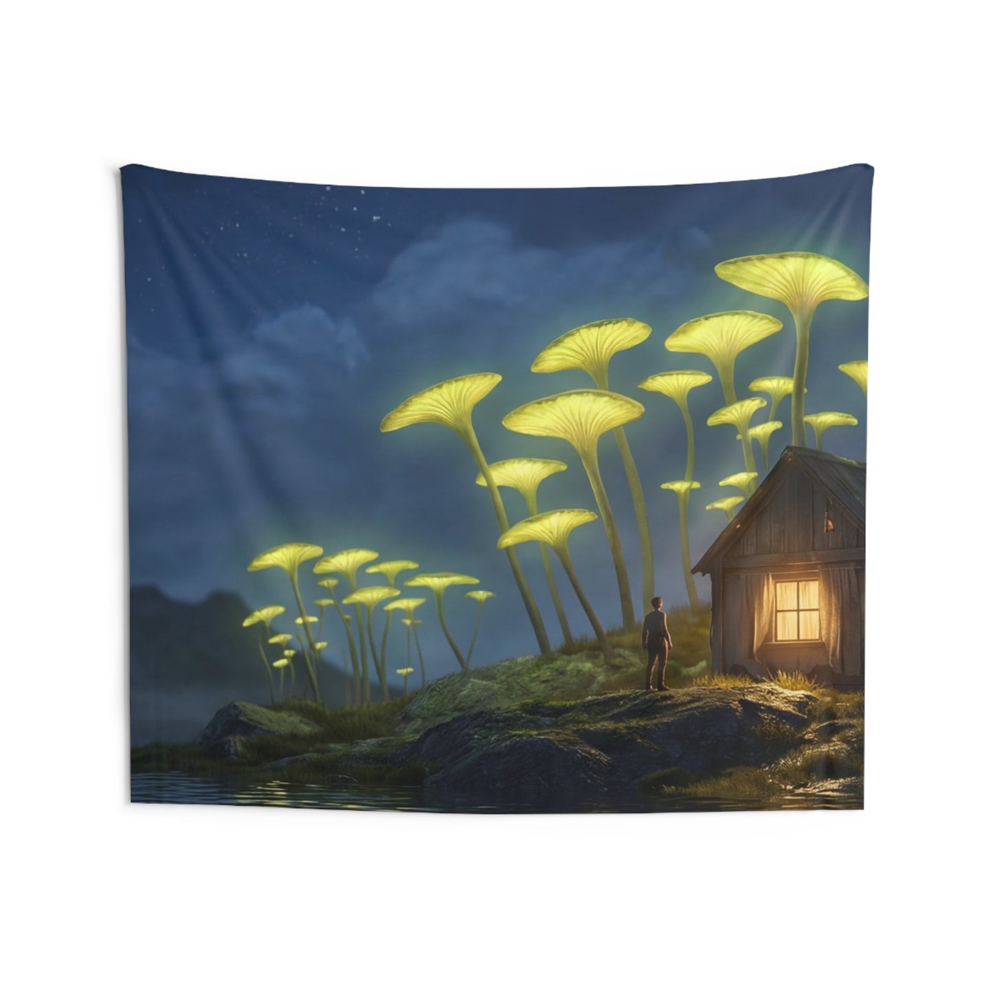 Luminescent Mushroom Cabin Wall Tapestry – Night’s Quiet Glow