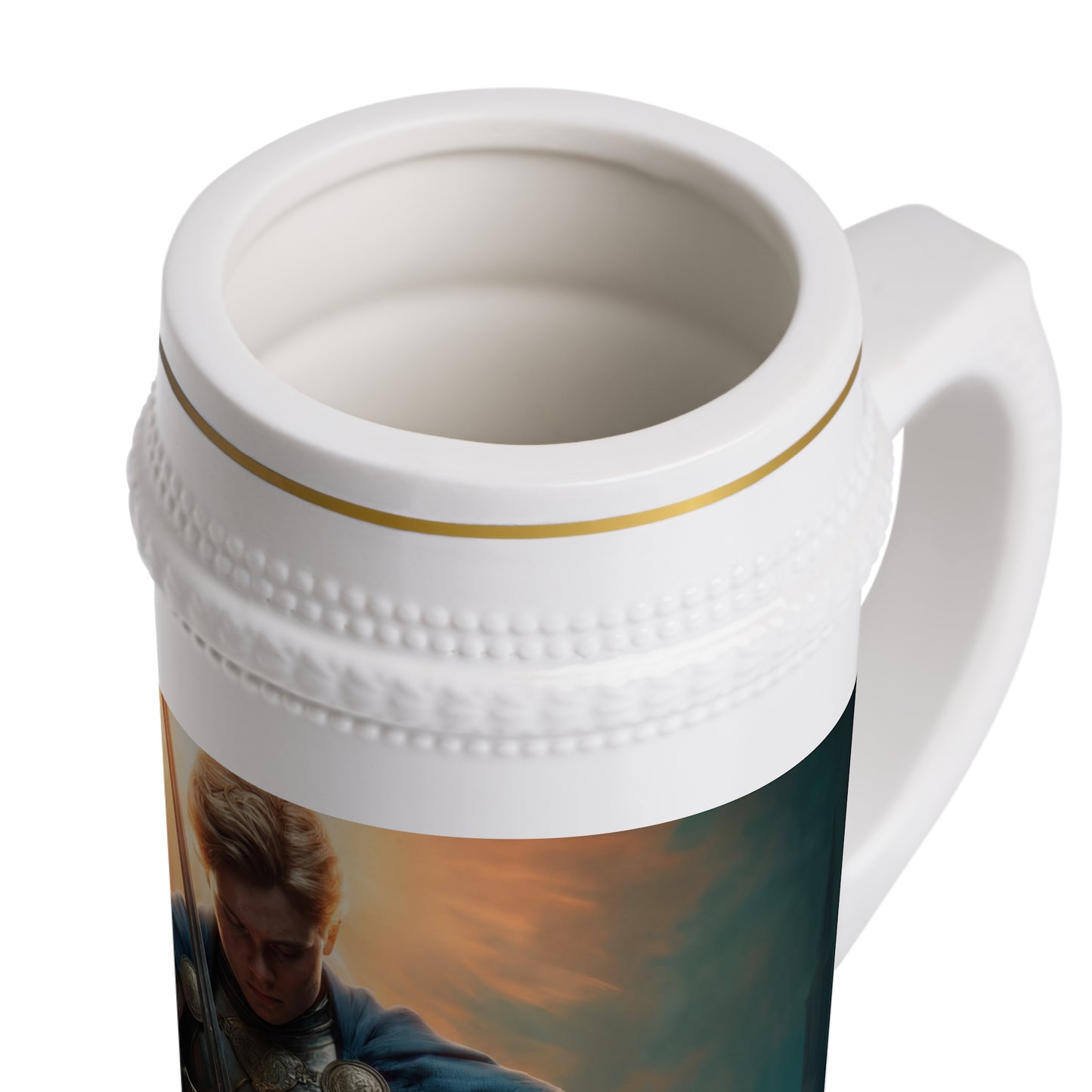 Dawn's Sentinel Stein Mug – Armor and Radiance in Shadowed Towers