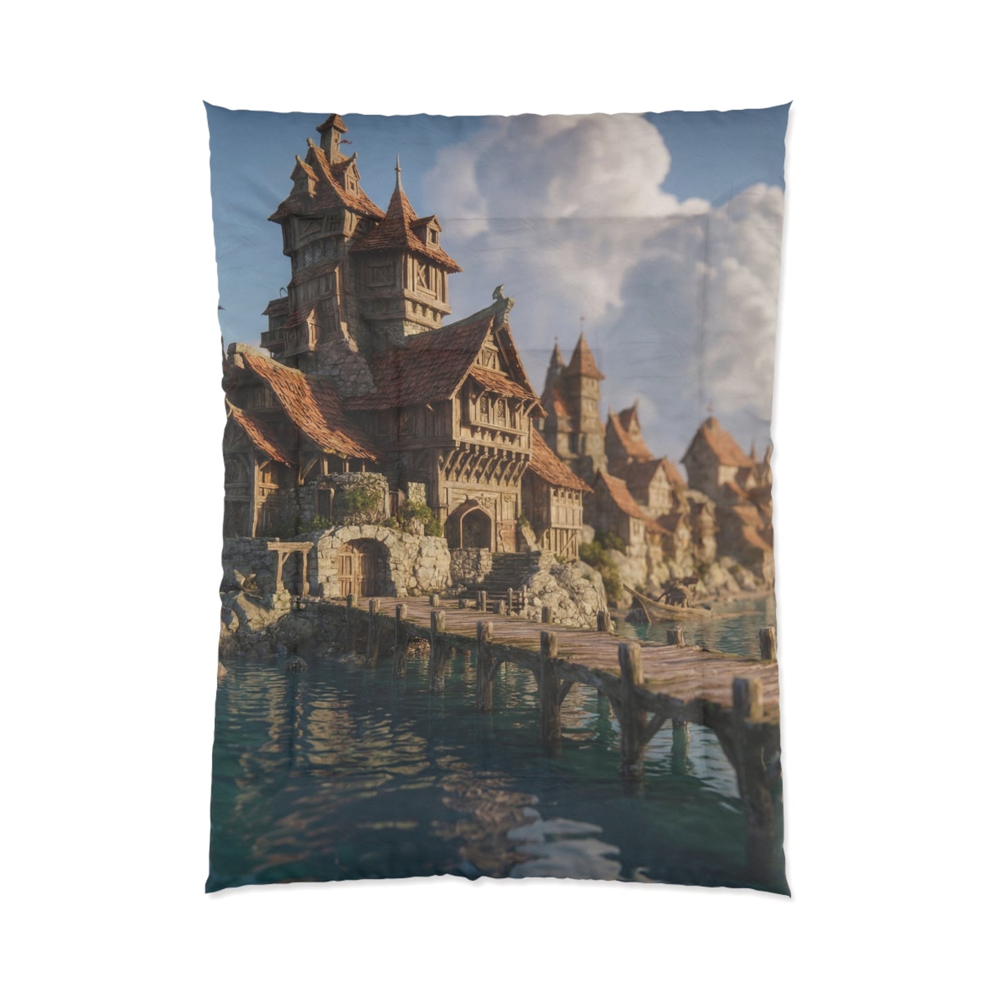 Harbor’s Edge Comforter – Sunlit Viking Village Dreamscape