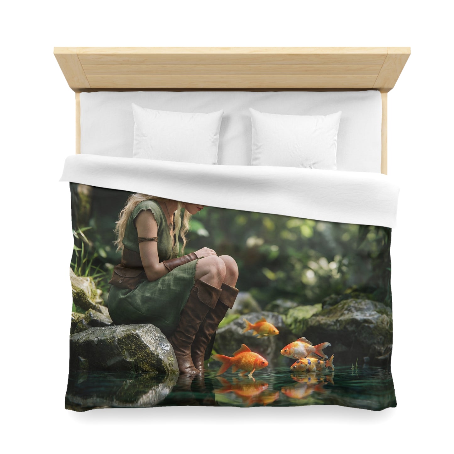 Forest Elf with Goldfish Microfiber Duvet Cover – Quiet Dawn Reflections