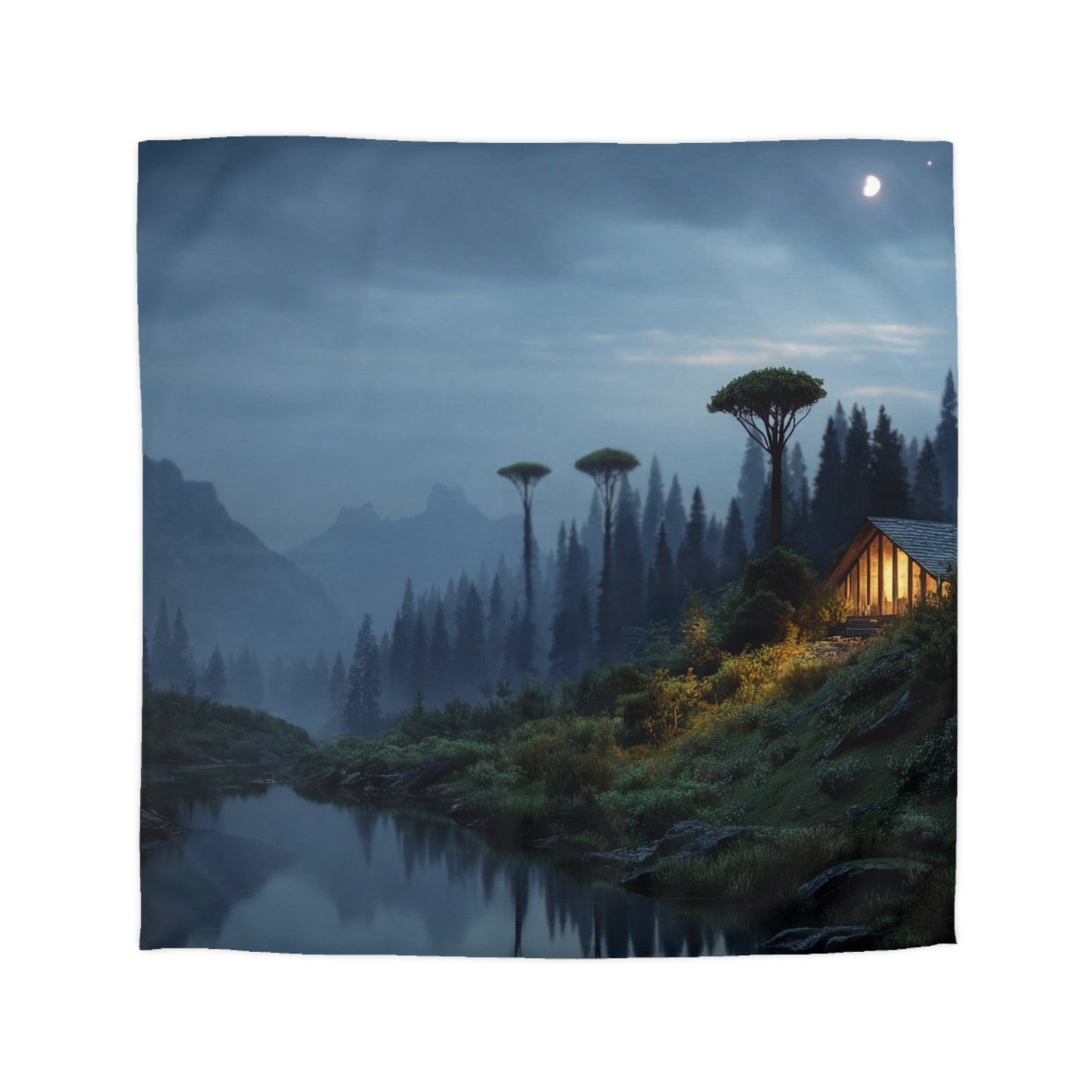 Moonlit Cabin Duvet Cover – Whispering Peaks & Silent Waters