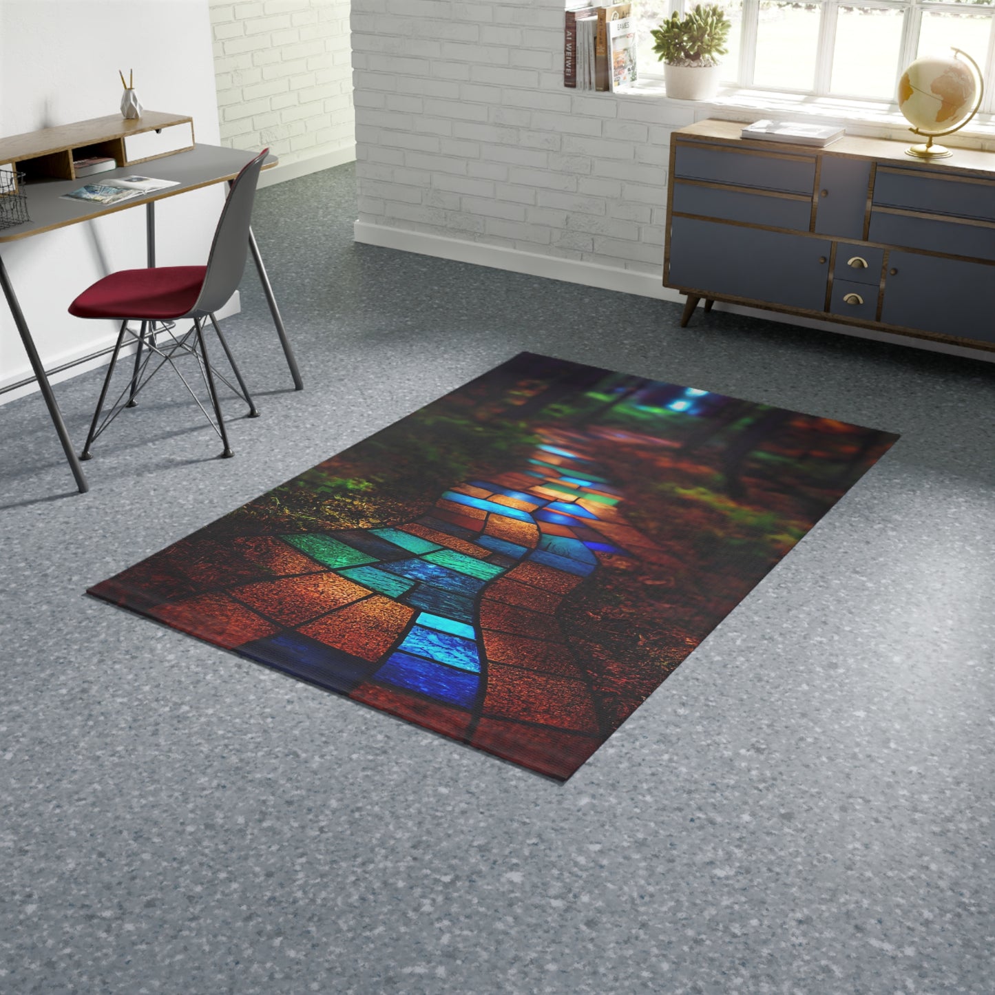 a path paved with stained glass winding through the forest. The path is made of beautiful brightly colored blue green red bronze luminous glass, high quality photograph - Dobby Rug