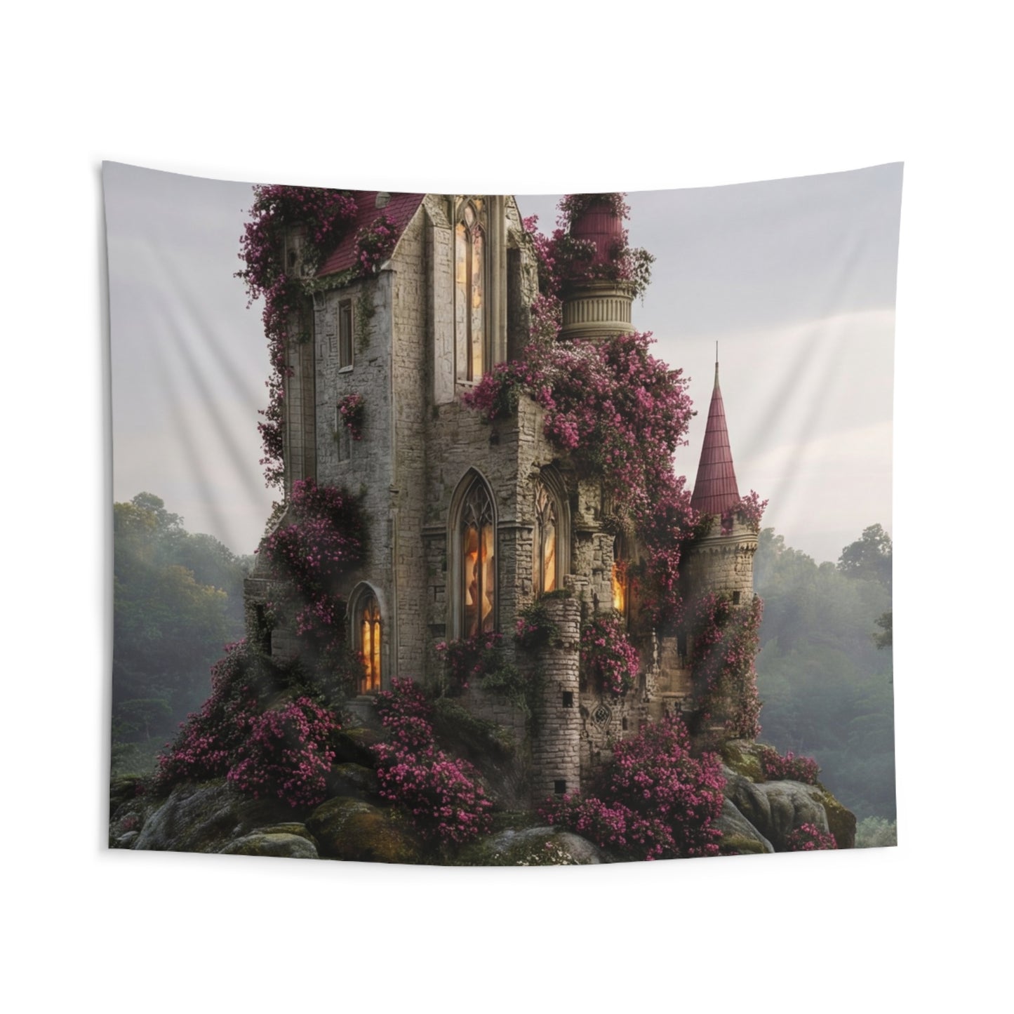Rose-Covered Castle Wall Tapestry – Twilight Bloom Sanctuary