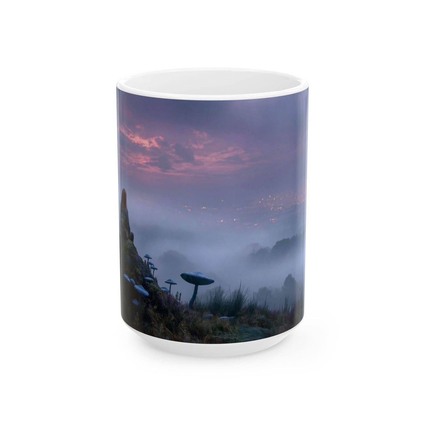 Moonlit Sentinel Ceramic Mug – City Glow Through Fungal Twilight