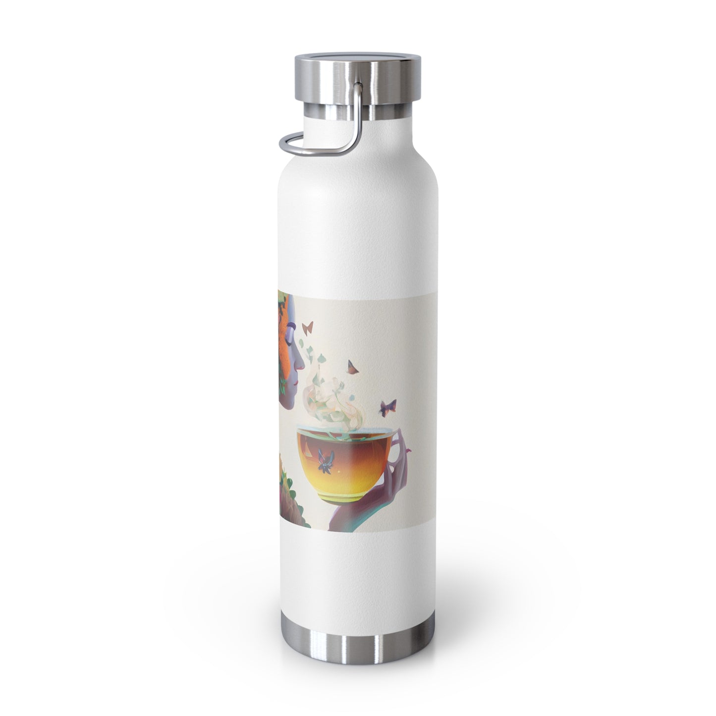 character design, double exposure shot, front profile of a beautiful tea faerie filled with a blooming amazonian jungle, happiness - Copper Vacuum Insulated Bottle, 22oz