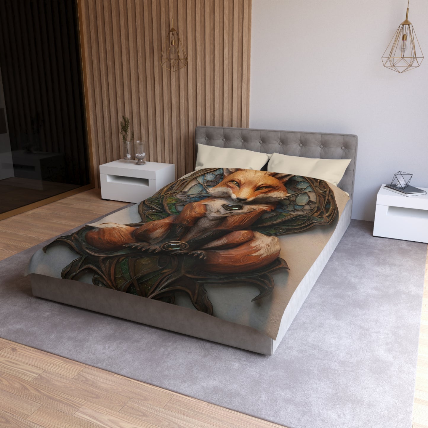 Fox Sentinel Microfiber Duvet Cover – Warm Amber Guardian in Stained Glass