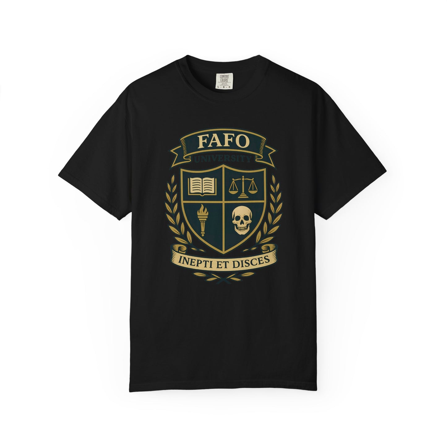FAFO University Crest Tee - Gothic Skull & Book Shield Design