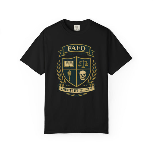 FAFO University Crest Tee - Gothic Skull & Book Shield Design