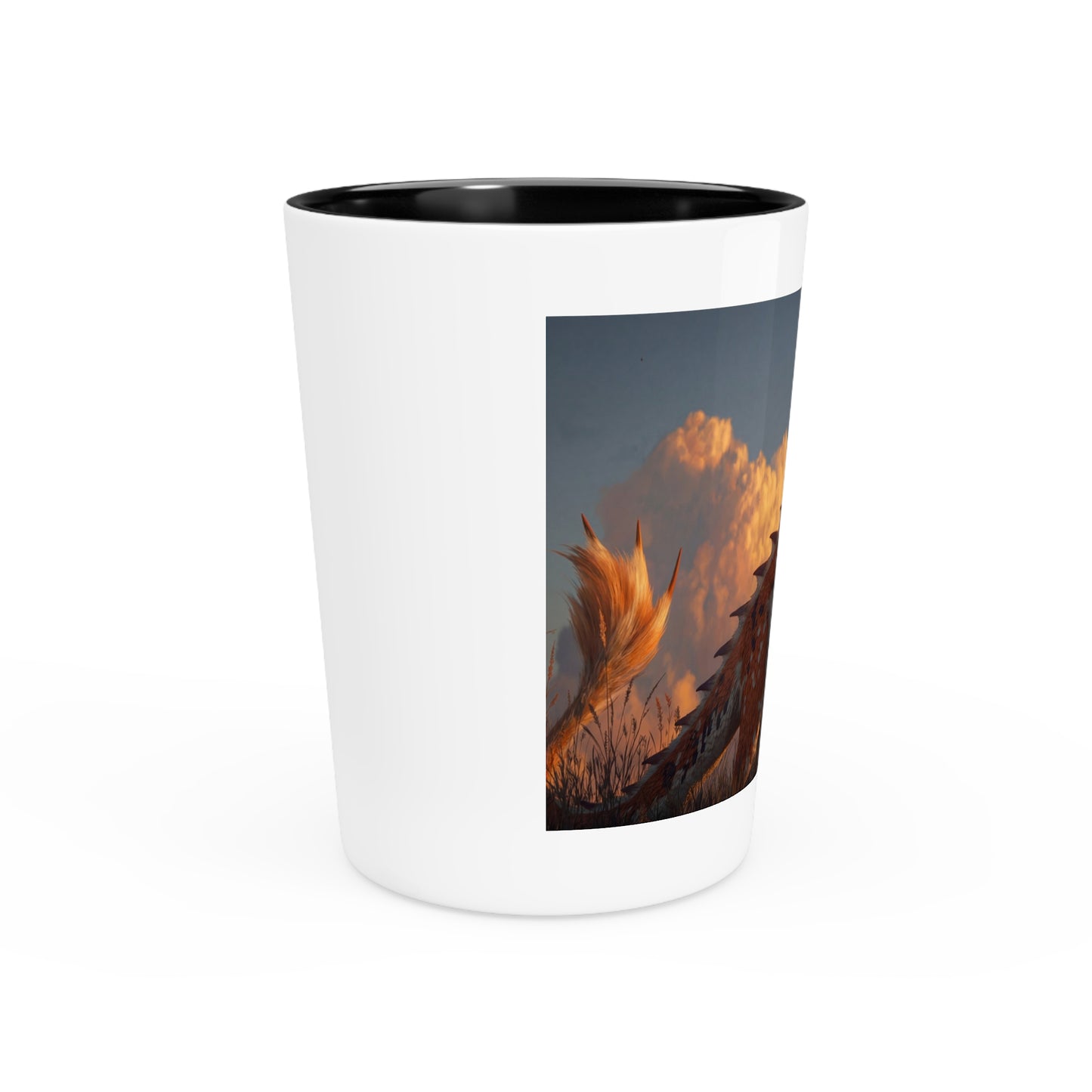 Sunset Sentinel Shot Glass – Amber Dragon in Golden Grasslands