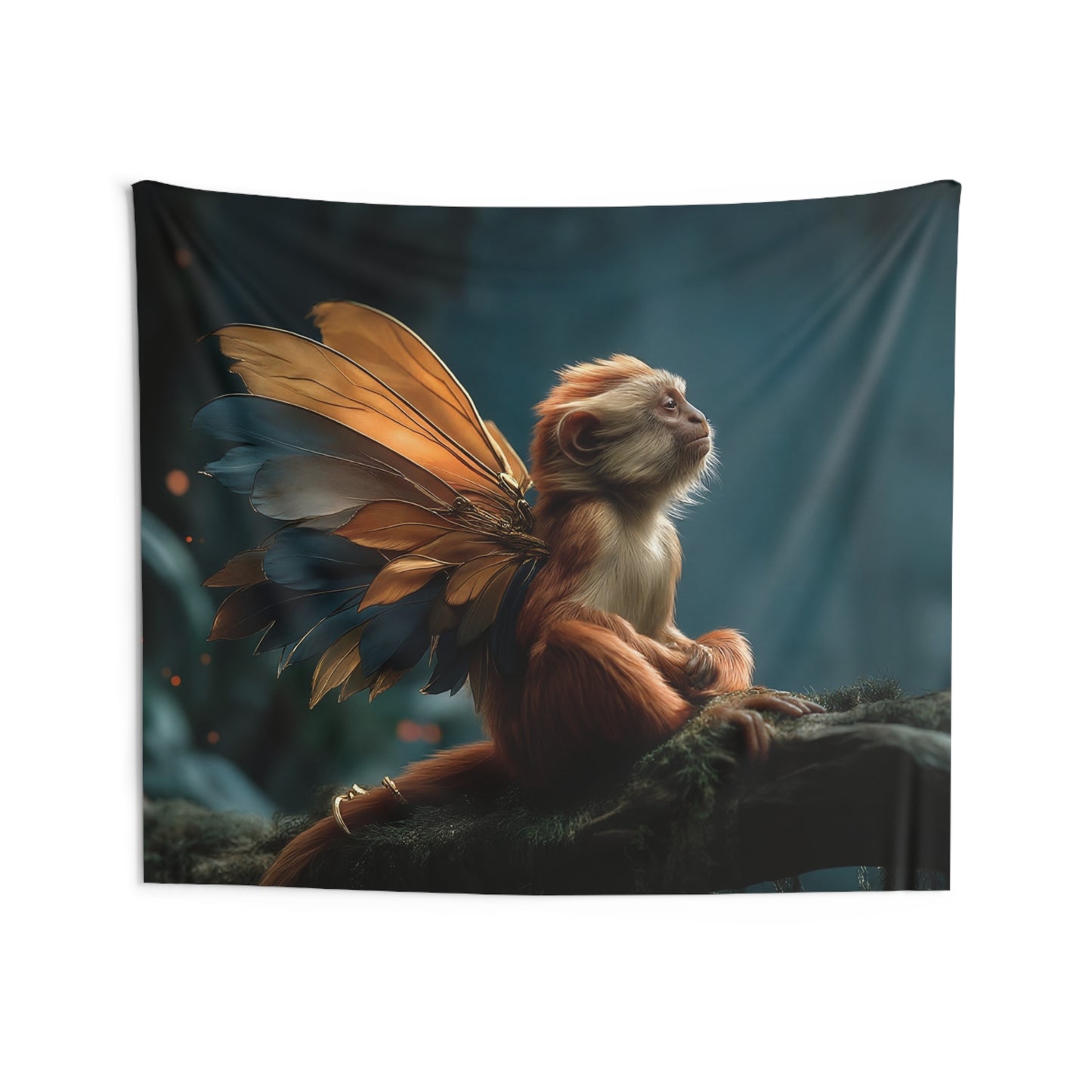 Winged Monkey Guardian Tapestry – Amber and Azure Forest Sentinel