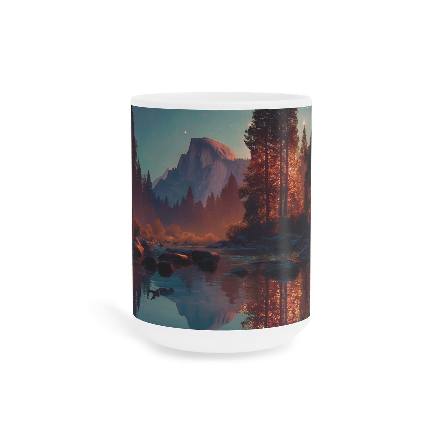 Starlit River Reflections Ceramic Mugs (11oz\15oz\20oz) – Half Dome’s Celestial Mirror