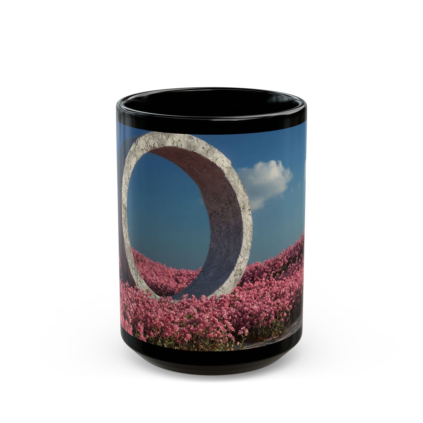 Stone Portal in Pink Bloom Field Mug – Serene Gateway to Dreamscapes