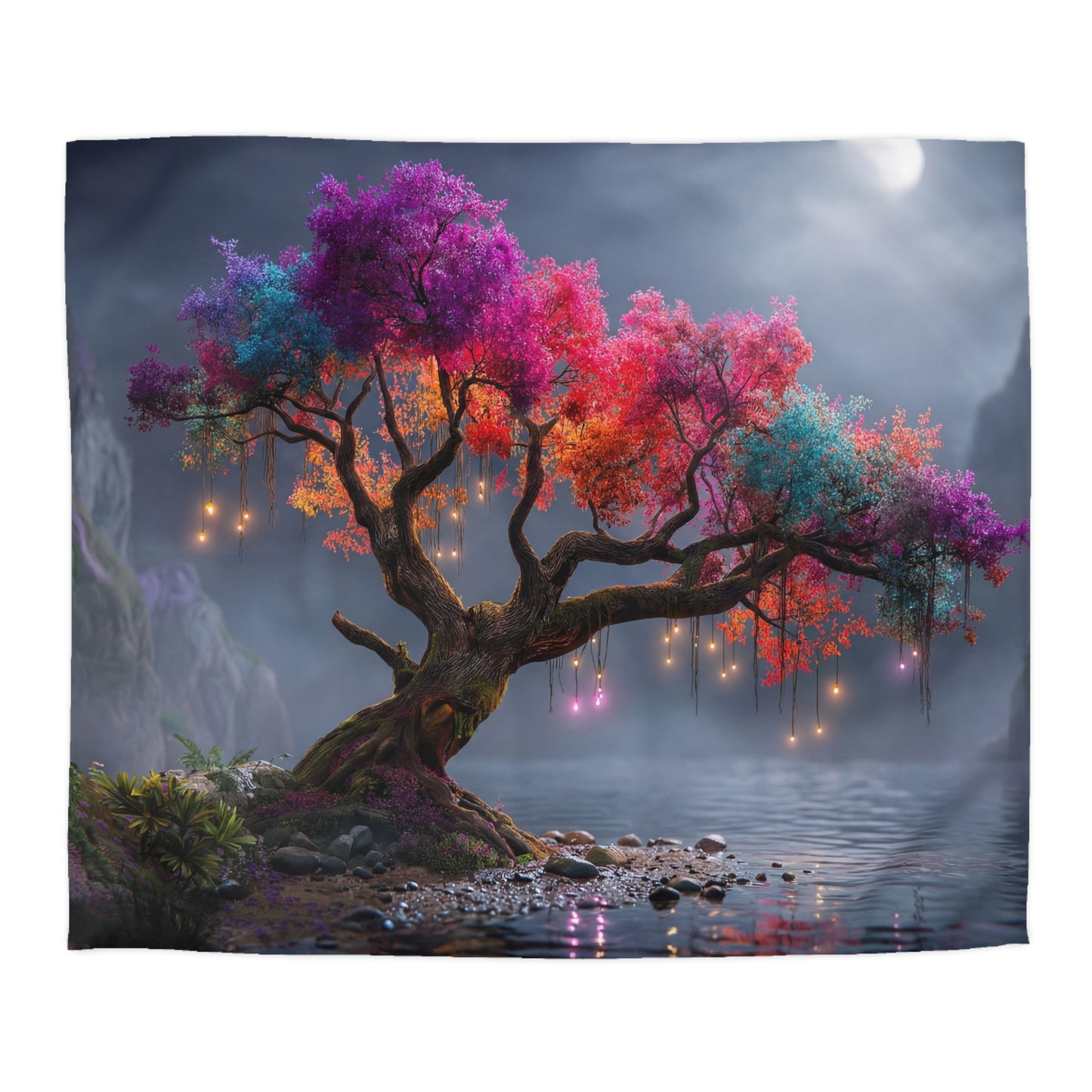 Rainbow Canopy Tree Microfiber Duvet Cover – Moonlit Riverbank Dreamscape